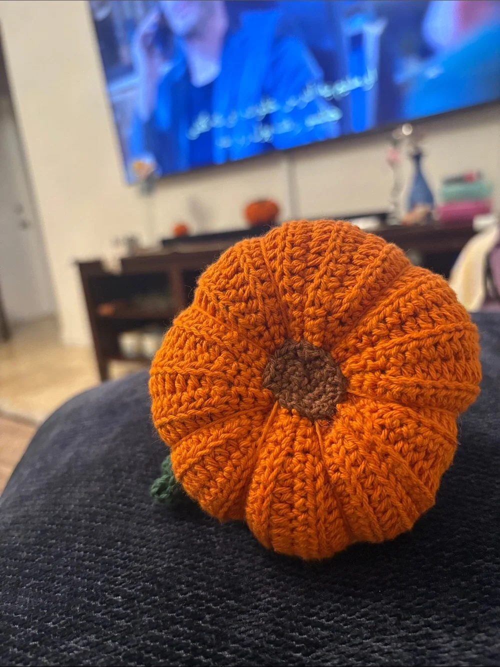 Handmade Orange Crochet Pumpkin with Green Leaves - Fall Home Accent